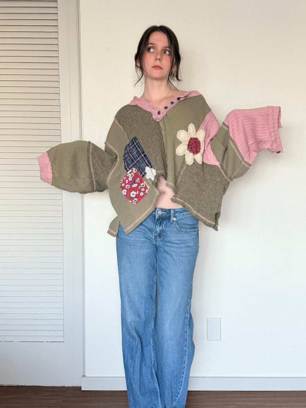 Y2K Patchwork Top (L) large grey pink vintage womens cottage boho long sleeve